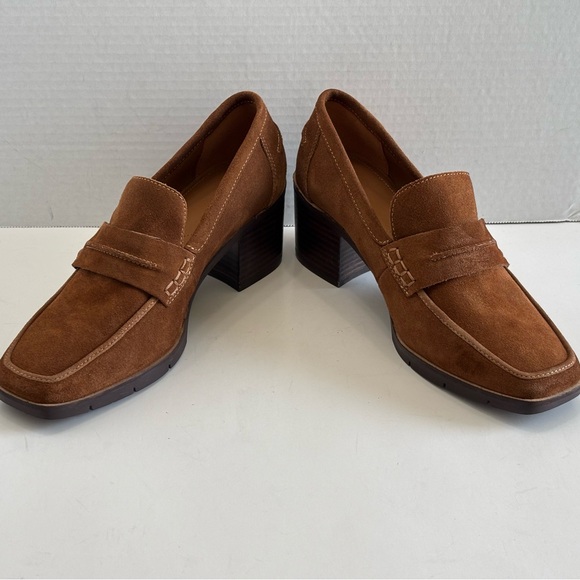 NYDJ Anella Heeled Loafers Women's 8M Cognac Brown Suede Slip On Shoes - Picture 14 of 16